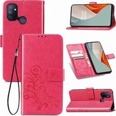 For One Plus Nord N100 Vierbladige gesp Reliëfsluiting Mobiele telefoonbescherming Leren tas met lanyard & kaartsleuf & portemonnee & beugelfunctie (magenta)