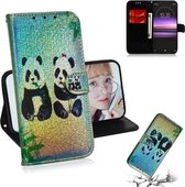 Voor Sony Xperia 1 / XZ4 Gekleurd tekeningpatroon Kleurrijke magnetische gesp Horizontale flip PU lederen hoes met houder & kaartsleuven & portemonnee & lanyard (twee panda's)
