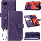 Voor OPPO F17 vierbladige gesp reliëf gesp mobiele telefoon bescherming lederen tas met lanyard & kaartsleuf & portemonnee & beugel functie (paars)