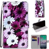 Voor Nokia 3.4 Gekleurde tekening Cross Texture Horizontale Flip PU lederen tas met houder & kaartsleuven & portemonnee & lanyard (Chrysanthemum Pink White Purple)