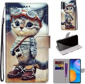 Voor Huawei P smart 2021 / Y7a Gekleurde Tekening Cross Textuur Horizontale Flip PU Lederen Case met Houder & Kaartsleuven & Portemonnee & Lanyard (Lederen Schoenen Kat)