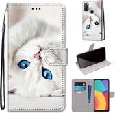 Voor Alcatel 1S (2021) Gekleurde Tekening Cross Textuur Horizontale Flip PU Lederen Case met Houder & Kaartsleuven & Portemonnee & Lanyard (White Kitten)