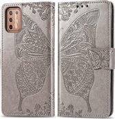 Voor Motorola Moto G9 Plus Vlinder Liefde Bloem Reliëf Horizontale Flip Leren Case met Beugel / Kaartsleuf / Portemonnee / Lanyard (Grijs)