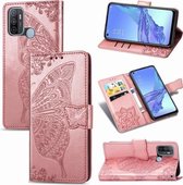 Voor OPPO A53 2020 vlinder liefde bloem reliëf horizontale flip lederen tas met beugel / kaartsleuf / portemonnee / lanyard (rose goud)