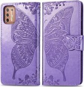 Voor Motorola Moto G9 Plus Vlinder Liefde Bloem Reliëf Horizontale Flip Leren Case met Beugel / Kaartsleuf / Portemonnee / Lanyard (Lichtpaars)