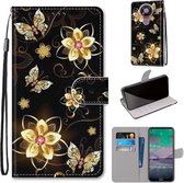 Voor Nokia 3.4 Gekleurde Tekening Cross Textuur Horizontale Flip PU Lederen Case met Houder & Kaartsleuven & Portemonnee & Lanyard (Goud Diamant Vlinder)