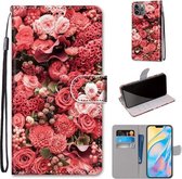 Gekleurde tekening Cross Texture Horizontale Flip PU lederen tas met houder & kaartsleuven & portemonnee & lanyard voor iPhone 12 Pro Max (Pink Rose Garden)