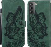 Voor Samsung Galaxy S21 5G Retro Skin Feel Butterflies Embossing Horizontale Flip Leather Case met houder & kaartsleuven & portemonnee (groen)