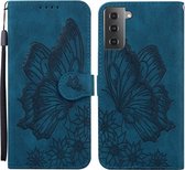 Voor Samsung Galaxy S21 5G Retro Skin Feel Butterflies Embossing Horizontale Flip Leather Case met houder & kaartsleuven & portemonnee (blauw)