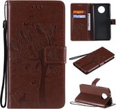Voor Xiaomi Redmi Note 9 5G Boom & Kat Patroon Geperst Afdrukken Horizontale Flip PU Lederen Case met Houder & Kaartsleuven & Portemonnee & Lanyard (Koffie)