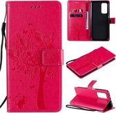 Voor Xiaomi Mi 10T / 10T Pro Tree & Cat Pattern Pressed Printing Horizontale Flip PU lederen tas met houder & kaartsleuven & portemonnee & Lanyard (Rose Red)