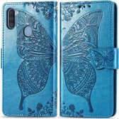 Voor Galaxy A11 Butterfly Love Flower reliëf horizontale flip lederen tas met beugel / kaartsleuf / portemonnee / lanyard (blauw)