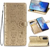 Voor Galaxy S20 schattige kat en hond reliëf horizontale flip lederen tas met beugel / kaartsleuf / portemonnee / lanyard (goud)