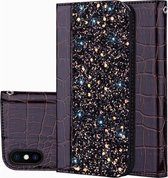 Krokodiltextuur Glitterpoeder Horizontale leren flip-hoes voor iPhone X / XS, met kaartsleuven en houder (zwart)