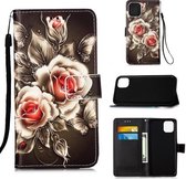 Voor iPhone 12/12 Pro Geschilderde lederen hoes met platte textuur met lanyard & kaartsleuf & portemonnee & houder (rozen op zwart)