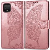 Butterfly Love Flowers Embossing Horizontale Flip Leather Case voor Google Pixel 4 met houder & kaartsleuven & portemonnee & lanyard (roségoud)