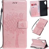 Tree & Cat Pattern Pressed Printing Horizontale Flip PU lederen tas met houder & kaartsleuven & portemonnee & lanyard voor Galaxy Note 10+ / 10 Pro (Rose Gold)