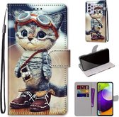 Voor Samsung Galaxy A52 5G Gekleurde Tekening Cross Textuur Horizontale Flip PU Lederen Case met Houder & Kaartsleuven & Portemonnee & Lanyard (Lederen Schoenen Kat)