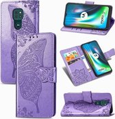 Voor Moto G9 Play Butterfly Love Flower Reliëf Horizontale Flip Leren Case met Beugel / Kaartsleuf / Portemonnee / Lanyard (Lichtpaars)