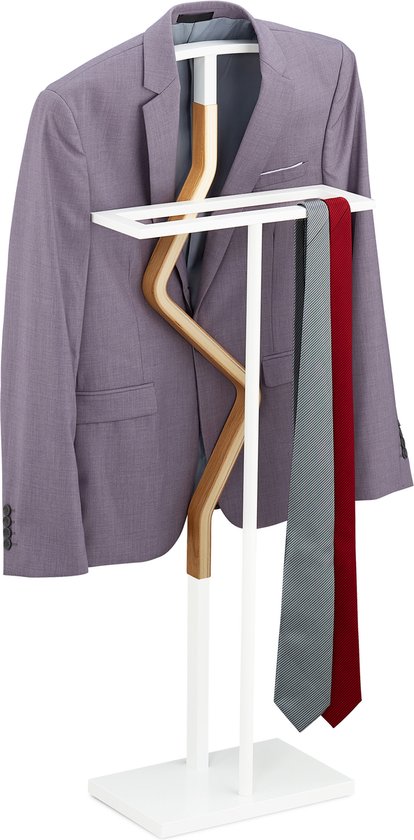 Relaxdays dressboy, modern, voor jasjes & broeken, HxBxD: 107 x 48 x 20 cm, metaal & houtlook, slaapkamer & hal, wit Relaxdays dressboy, modern, voor jasjes & broeken, HxBxD: 107 x 48 x 20 cm, metaal & houtlook, slaapkamer & hal, wit