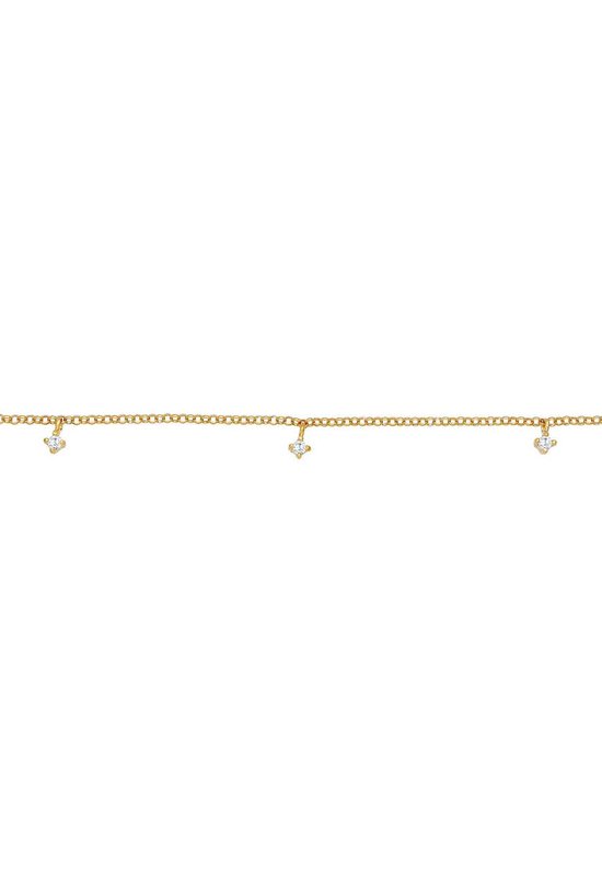 Gouden ketting, dichtbij detail van 3 zirkonia kristallen die aan de ketting hangen.