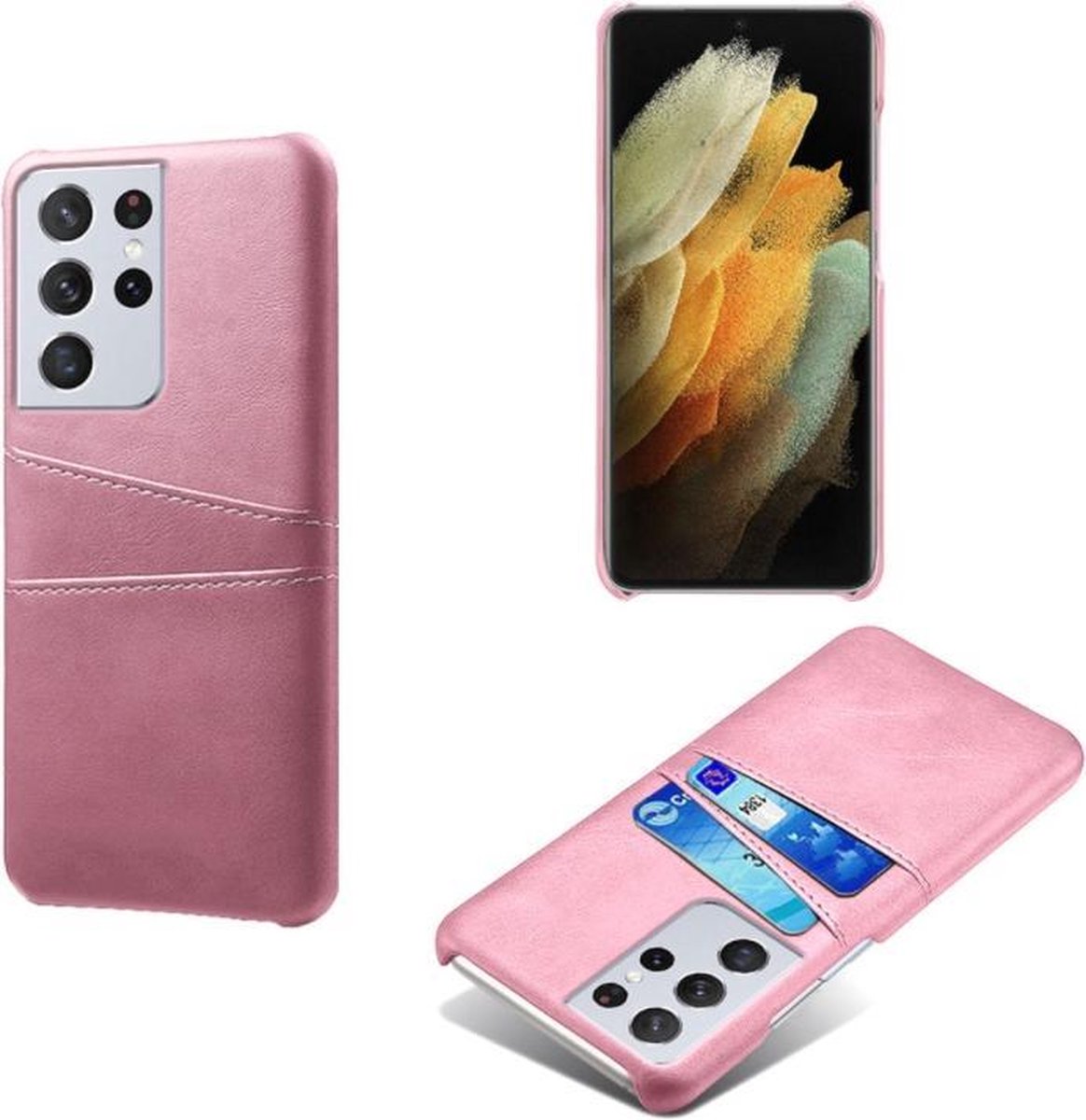 Backcover met Opbergvakjes + PMMA Screenprotector voor Galaxy S21 Ultra 5G _ Roze Goud