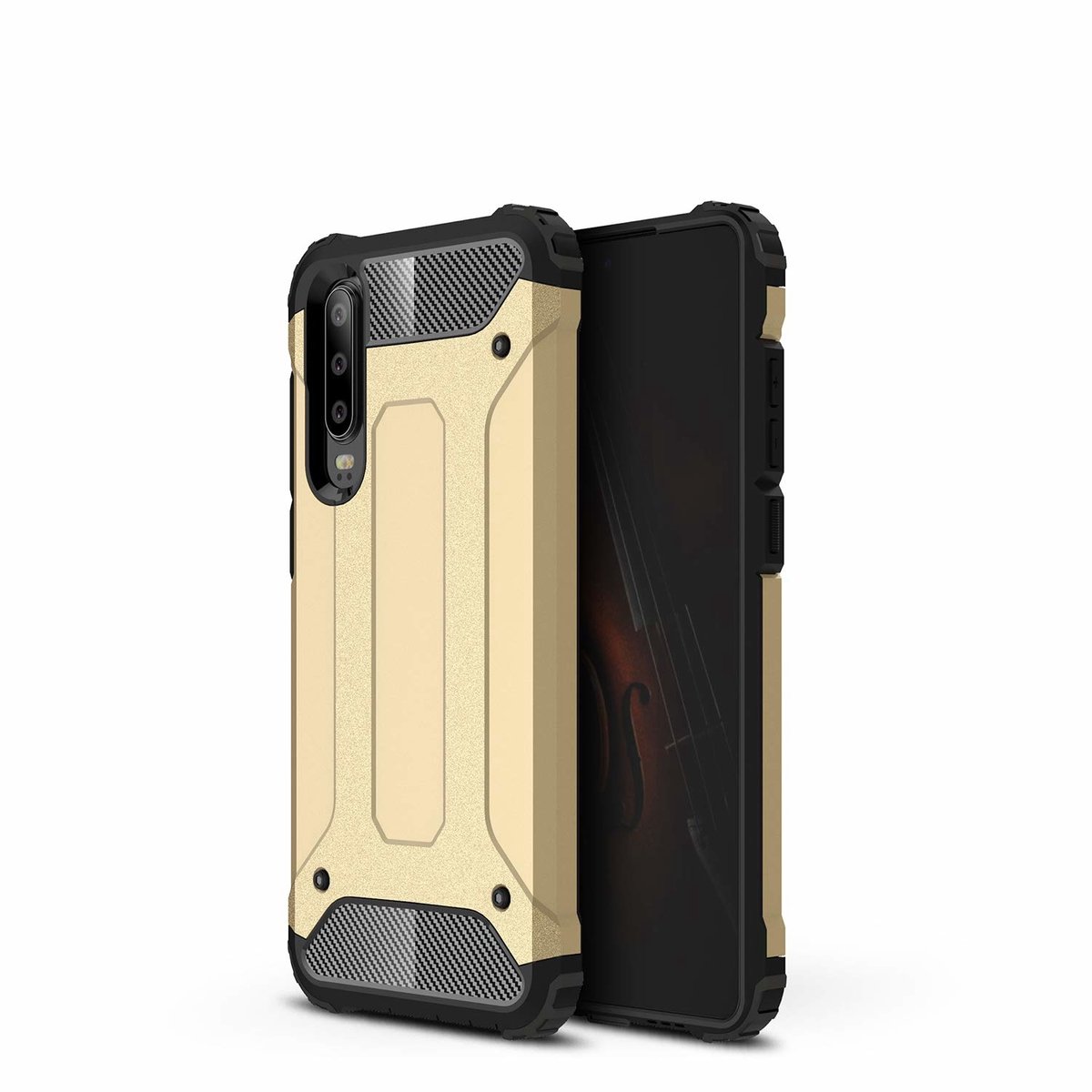 Ntech Hoesje Geschikt voor Huawei P30 Dual layer Armor Hoesje - Goud