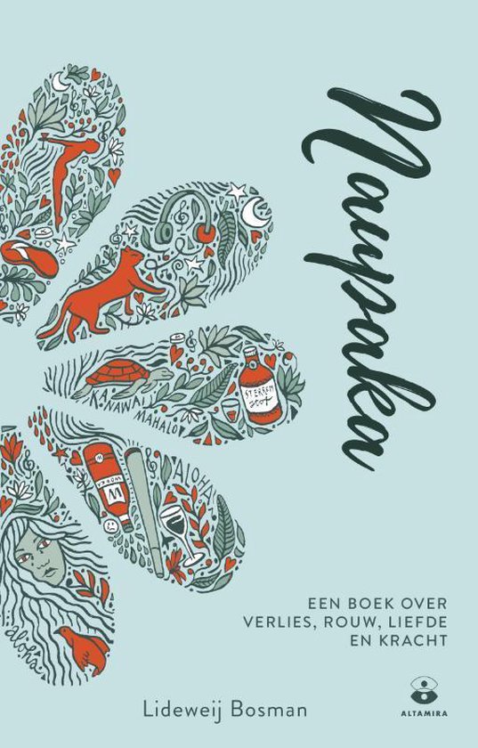 Boek kaft met de titel 'Naupaka' in kalligrafie, met illustraties van planten, een schildpad, een rode panter, een fles en een vrouwengezicht.