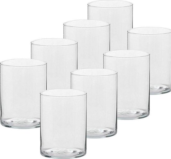 8x Hoge theelichthouders/waxinelichthouders van glas 5,5 x 6,5 cm - Glazen kaarsenhouders - Woondecoraties