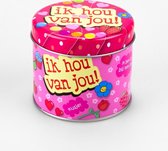 Valentijn - Snoepblikje - Ik hou van jou! - Gevuld met een luxe cocktailmix - In cadeauverpakking met gekleurd lint