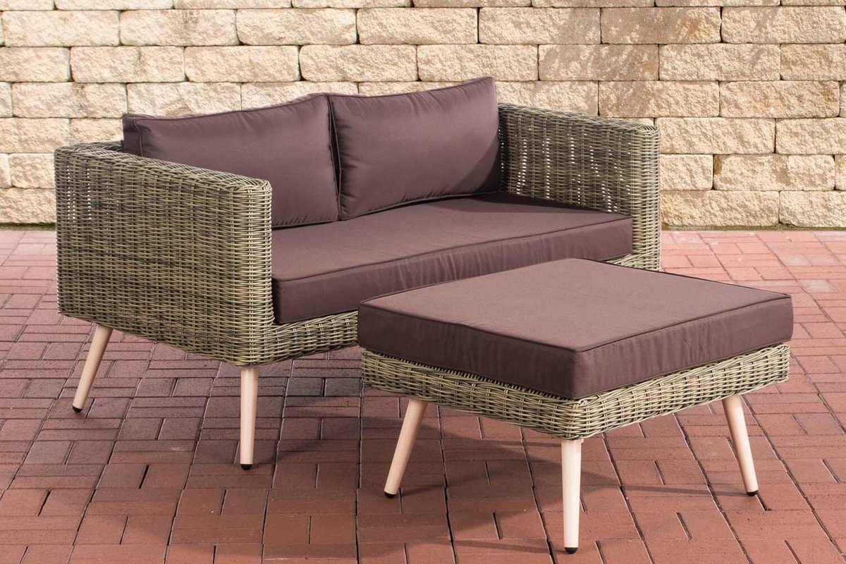 Moderne 2-zitsbank en voetenbank van polyrattan in terrabruin.