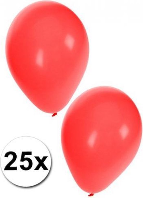 Twee glanzende, ronde, roodkleurige ballonnen. In de hoek een cirkel met '25x'.