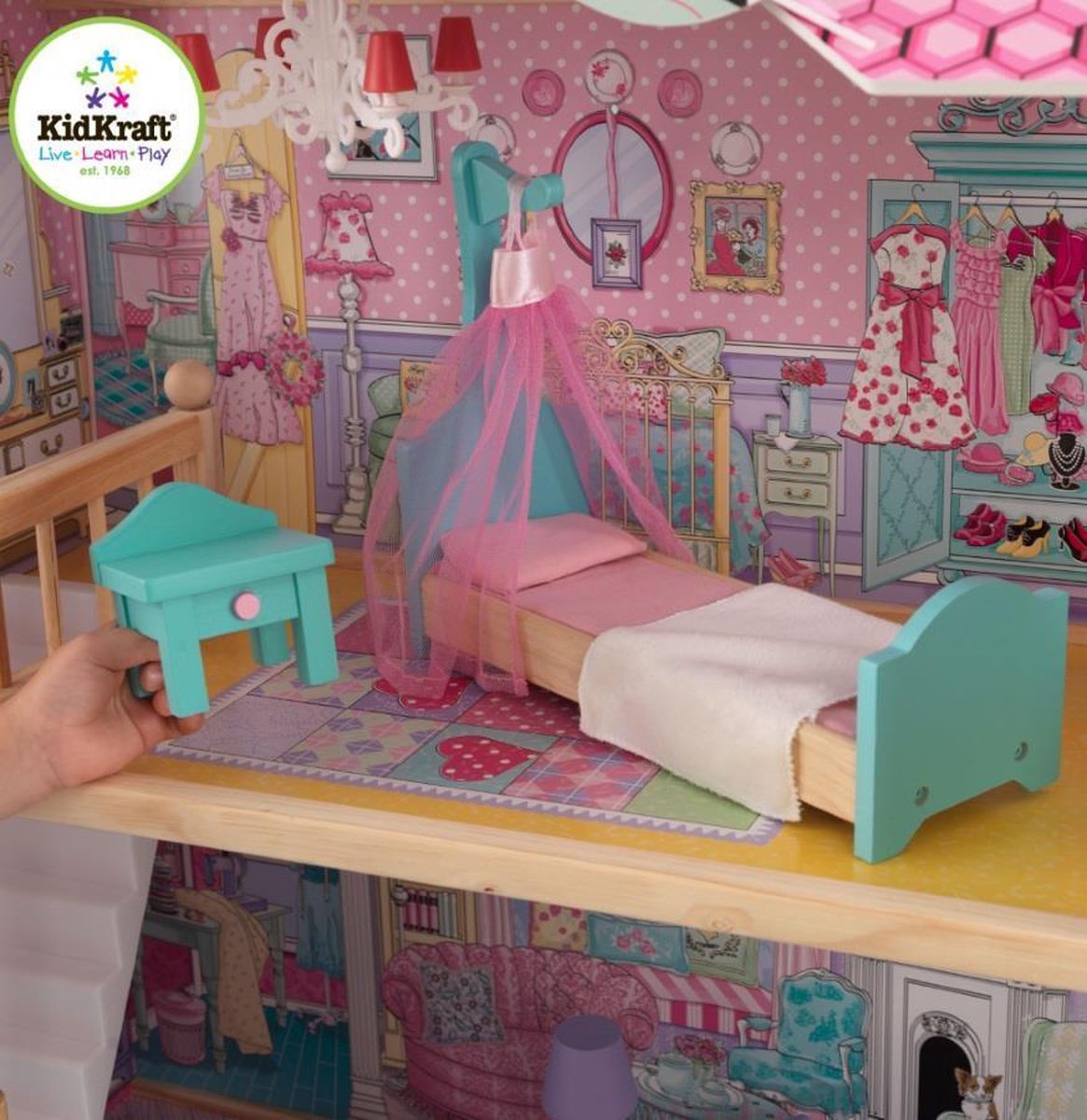 KidKraft Annabelle Poppenhuis – Groot Poppenhuis – Poppenhuis van Hout – 3 Verdiepingen, 5 Kamers & Lift – Inclusief 17 Accessoires – Voor 30 cm Barbies en Soortgelijke Poppen – Vanaf 3 jaar — afbeelding 5