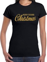 Foute Kerst t-shirt - Merry Fucking Christmas - goud / glitter - zwart - dames - kerstkleding / kerst outfit XS