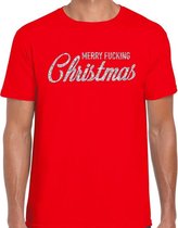 Fout kerstshirt / t-shirt - Merry Fucking Christmas - zilver / glitter - rood voor heren - kerstkleding / christmas outfit S (48)