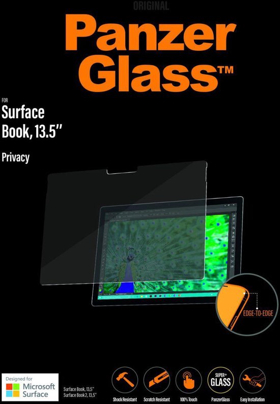 Privacy screenprotector voor Surface Book, 13.5 inch. Laat een afbeelding zien van een pauw op het scherm.