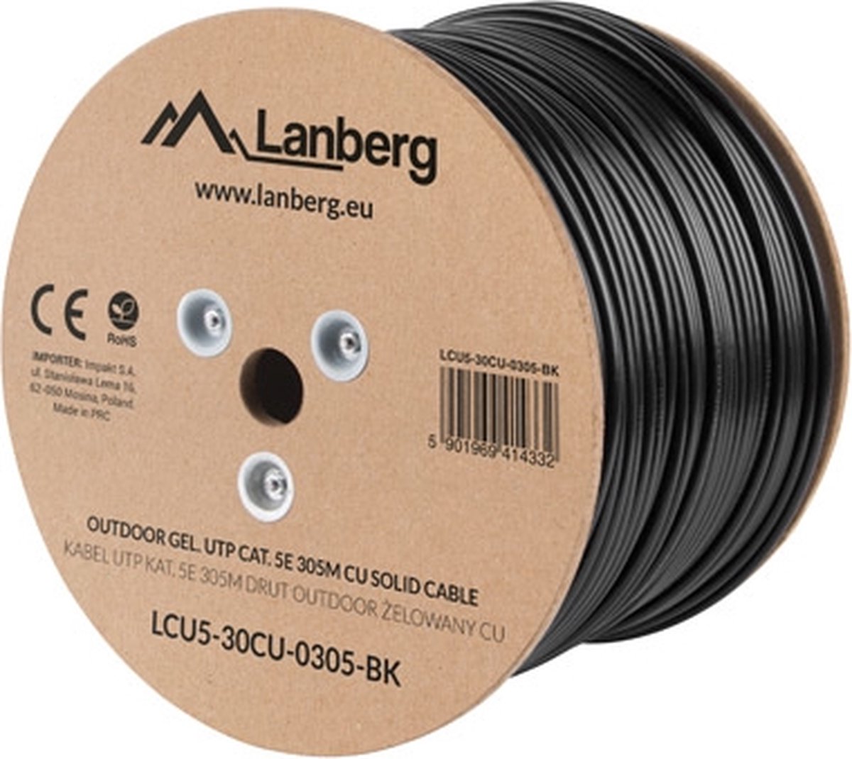 Bobina DE Cable para Exterior LANBERG LCU5-30CU-0305-BK - RJ45 - CAT 5E - UTP - AWG24-305M - black - Gel - Lanberg