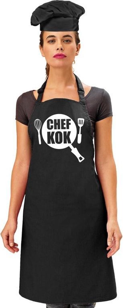 Chef kok keukenschort zwart dames met zwarte koksmuts