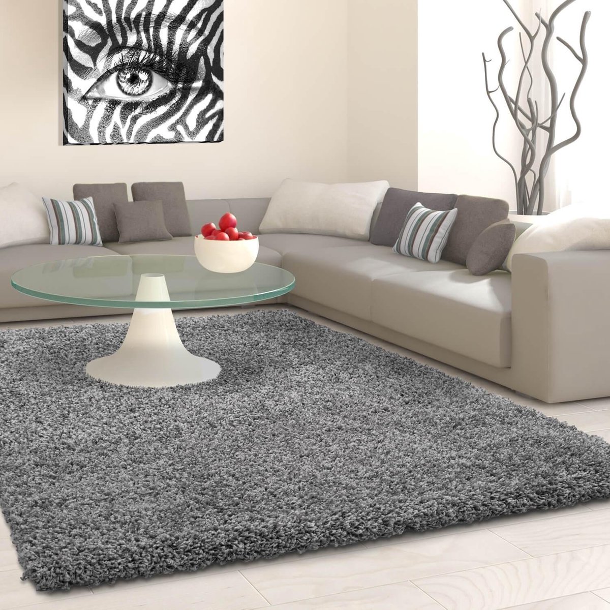 Ayyildiz Hoogpolig vloerkleed, effen grijs, woonkamerkleed, jute achterkant, afmeting: 80 x 150 cm