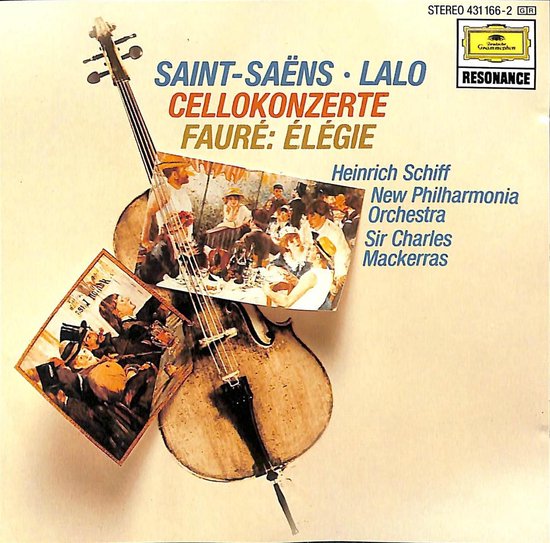 Albumhoes met cello, erop een foto van een diner. Tekst: Saint-Saens Lalo Cellokonzerte Faure: Elegie.