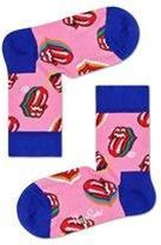 Roze sokken met het Rolling Stones logo van rode, witte en groene lippen. De boord en hak zijn kobaltblauw.