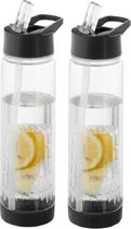2x Transparante drinkflessen/waterflessen met zwart fruit infuser 740 ml - Sportfles - BPA-vrij