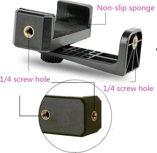 Zwarte telefoonhouder, met vermelding 'Non-slip sponge', '1/4 screw hole'.
