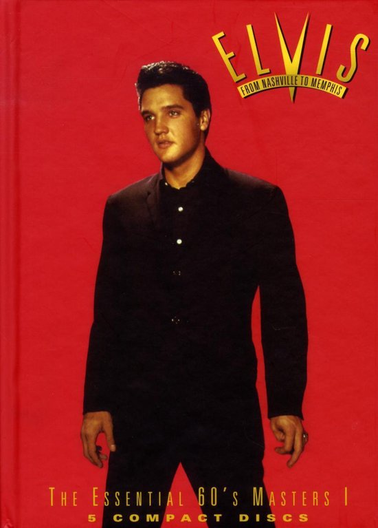Elvis Presley in een zwart pak, staand voor een rode achtergrond. De tekst 'ELVIS FROM NASHVILLE TO MEMPHIS' staat bovenaan.