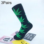 3 Pairs High Tube Hemp Leaves Female Men Trend Wild Maple Leaf Students Cotton European and American Style Socks(Black and Green)