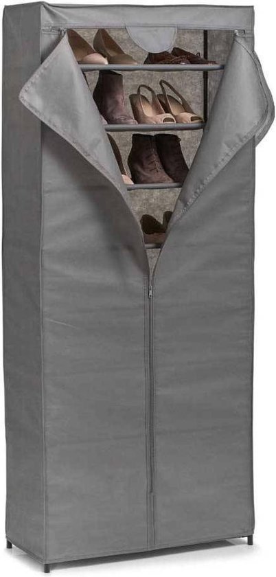 Rangement à chaussures gris en tissu avec 7 étagères, partiellement ouvert, avec chaussures.