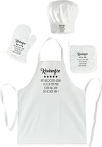 mijncadeautje - Cadeauset "Brasserie" - 4 delig - Schort + Ovenwant + Pannenlap + Koksmuts - Keukenfee - wit