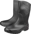 Paar zwarte Dunlop rubberen kuitlaarzen met reliëf logo en grof profiel.