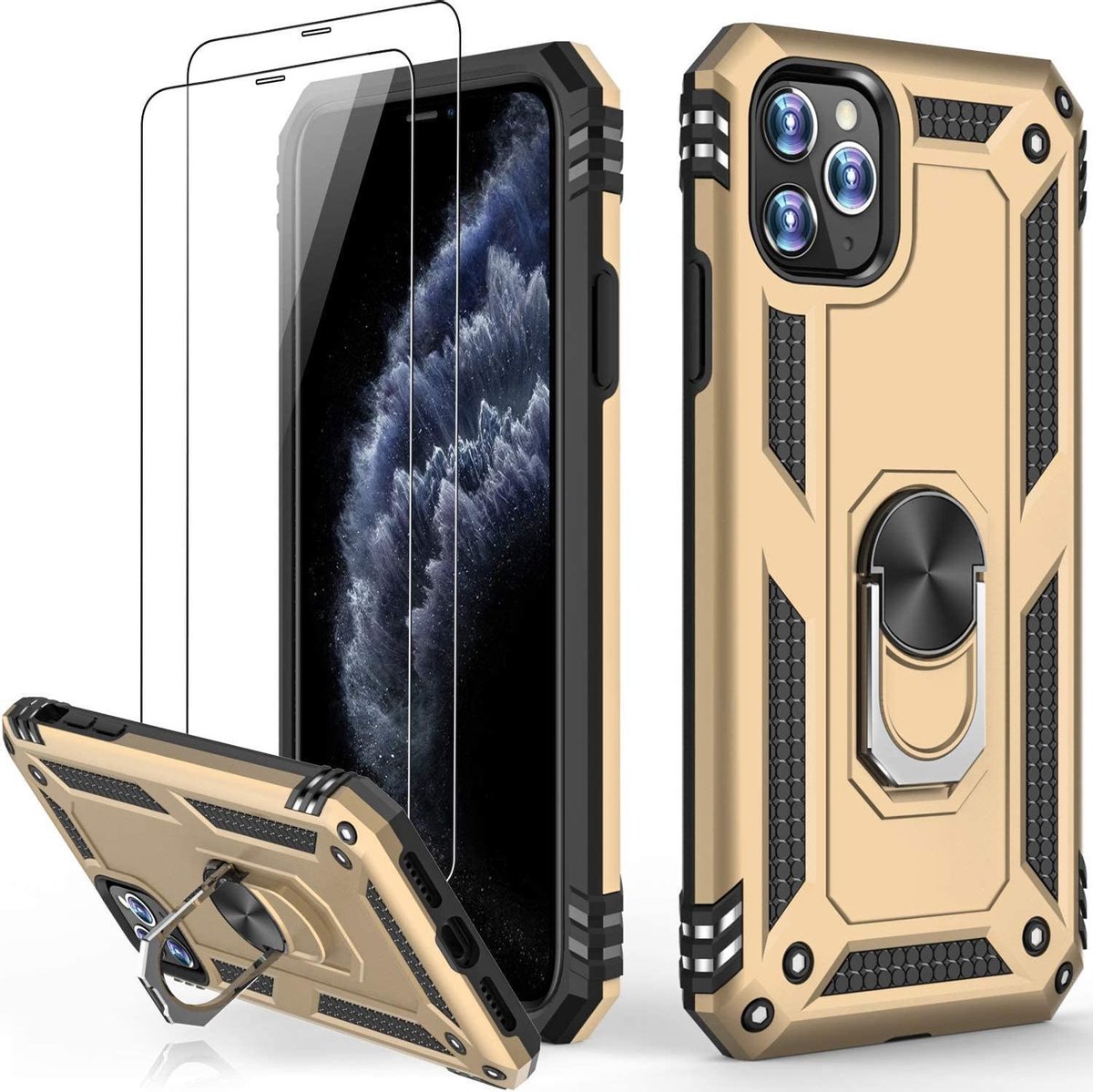 Telefoonhoesje Geschikt voor: iPhone 12 hoesje Schokbestendige ring armor met 2X Glas Screenprotector goud