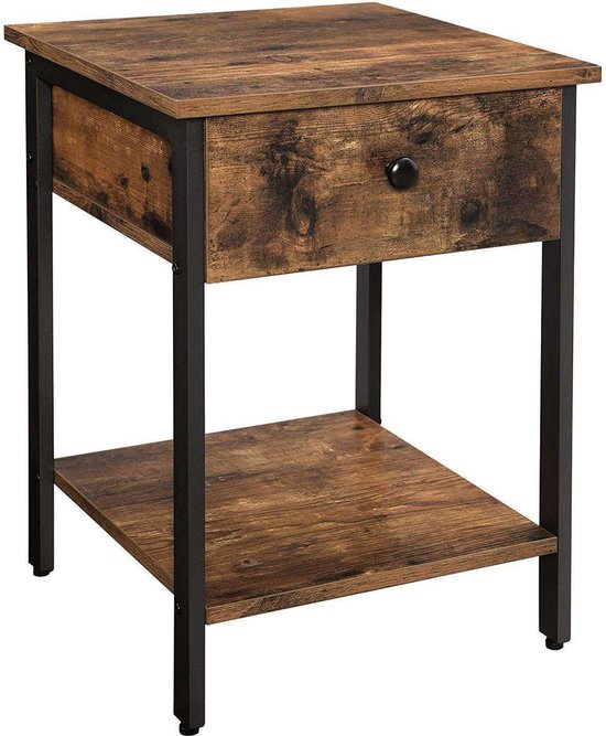 SONGMICS Nachtkastje, nachtkastje, bijzettafel, voor opslag, met lade, 2 planken, industriële stijl, voor woonkamer, slaapkamer, vintage bruin-zwart LVT02H